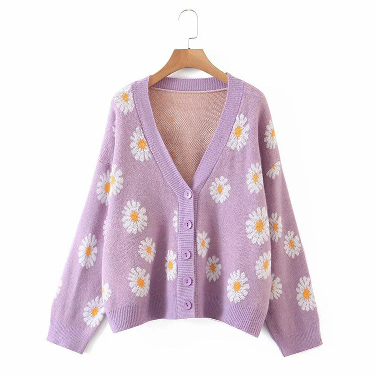 Damen Strickjacke mit floralem Design und V-Ausschnitt Drune