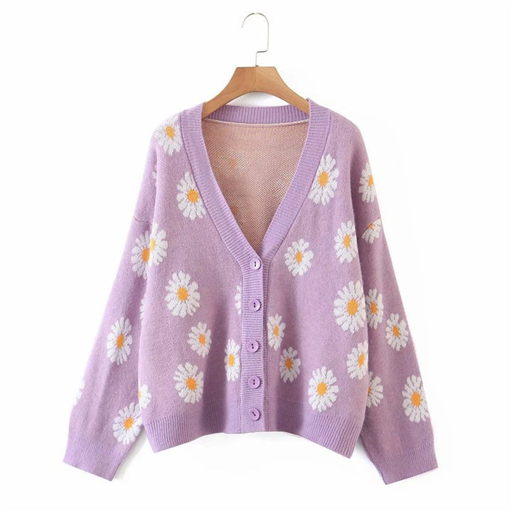 Damen Strickjacke mit floralem Design und V-Ausschnitt Drune