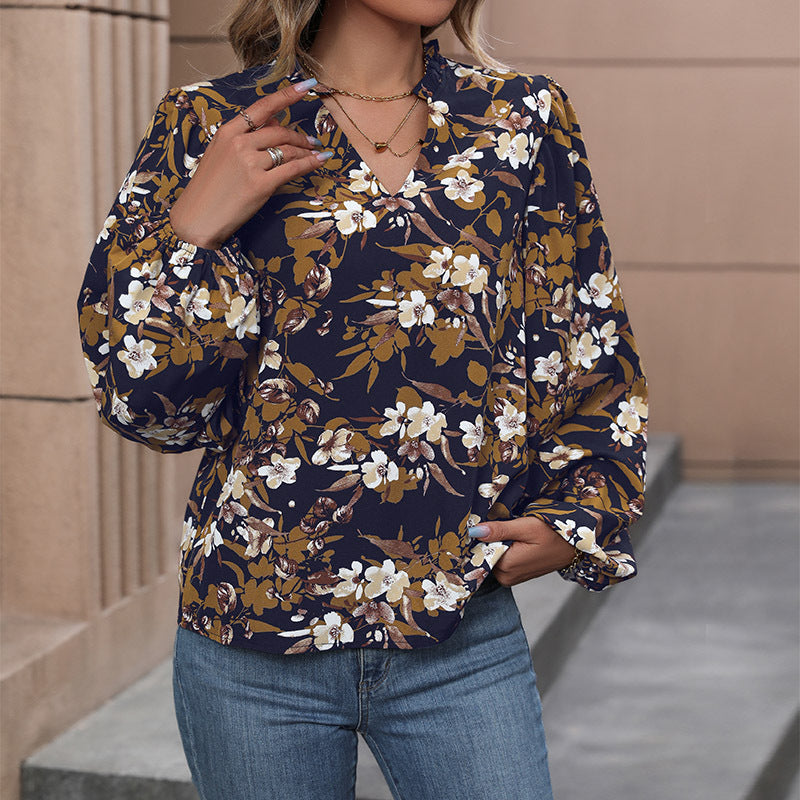 Damen Bluse mit floralem Design und weitem Ärmel Drune