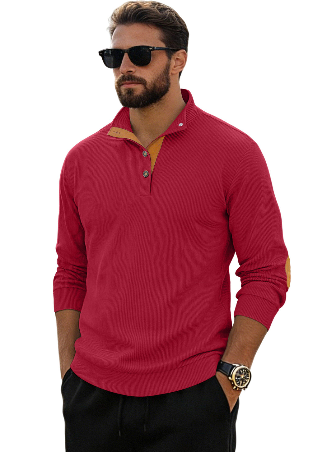 Herren nan fein gerippter Strickpullover mit Polokragen Knopfleiste und Ellenbogenbesatz Drune
