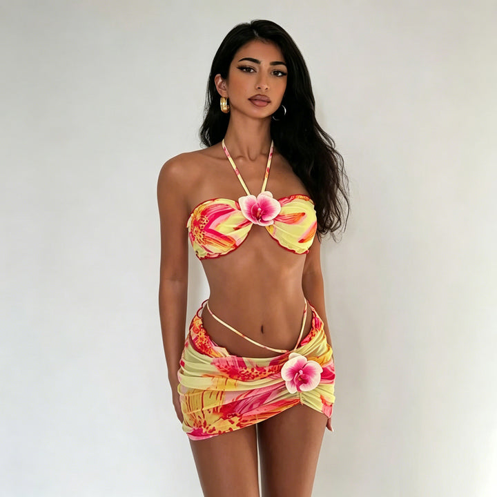 Damen Bandeau-Bikini mit floralem Wickelrock Drune