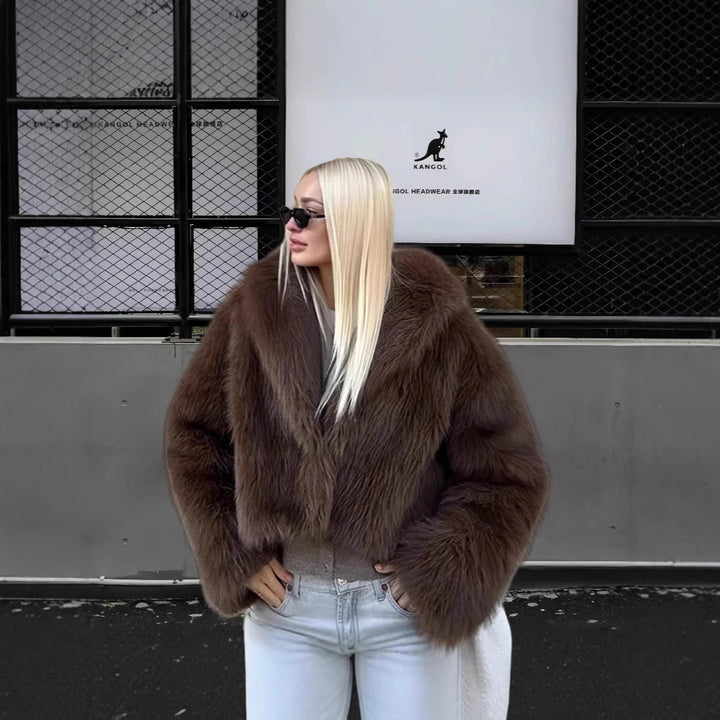 Damen Luxuriöse Kunstpelzjacke mit voluminösen Ärmeln und elegantem Schnitt Drune