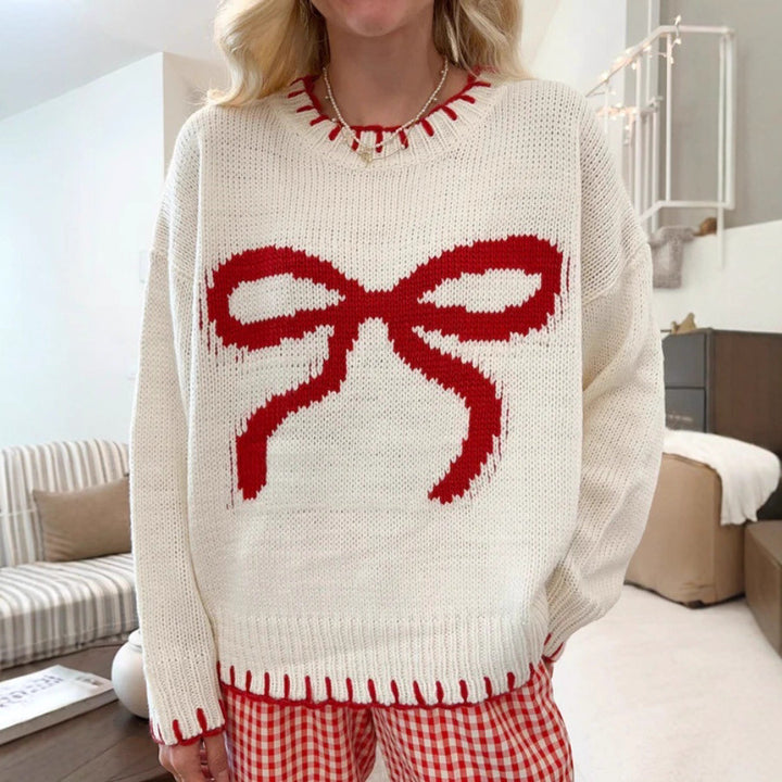Damen lässiger Pullover mit kontrastierenden Schleifen-Detail und geripptem Saum Drune