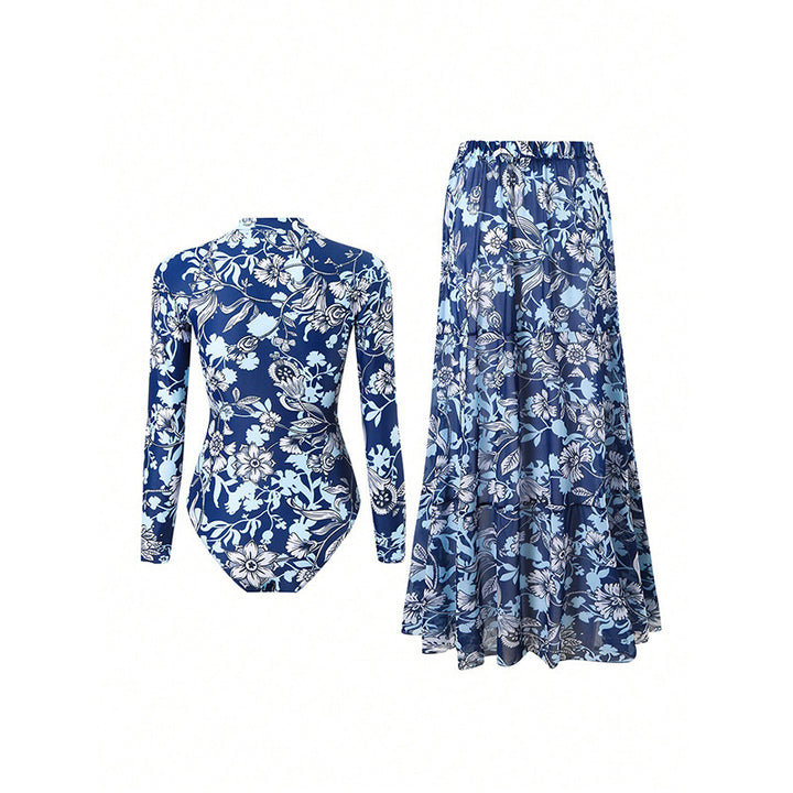 Damen Badeanzug mit langärmligem Design und floralem Maxirock Drune