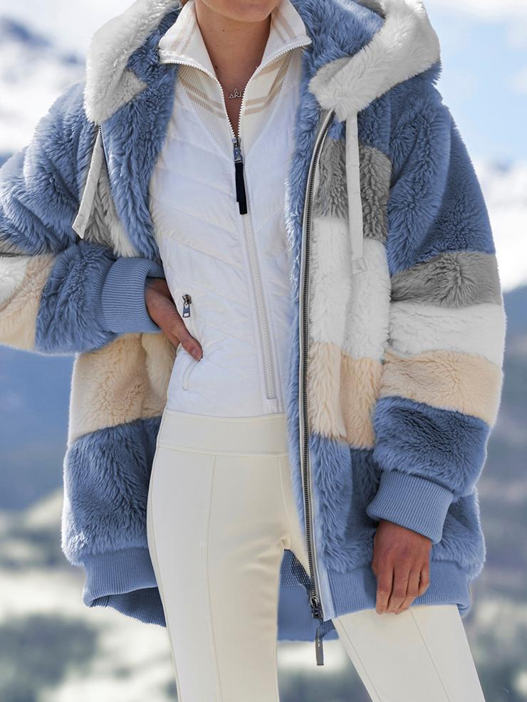 Damen nan oversized Kapuzenjacke aus Kunstfell mit Colourblock-Design, Zweiwege-Reißverschluss und Rippbündchen Drune