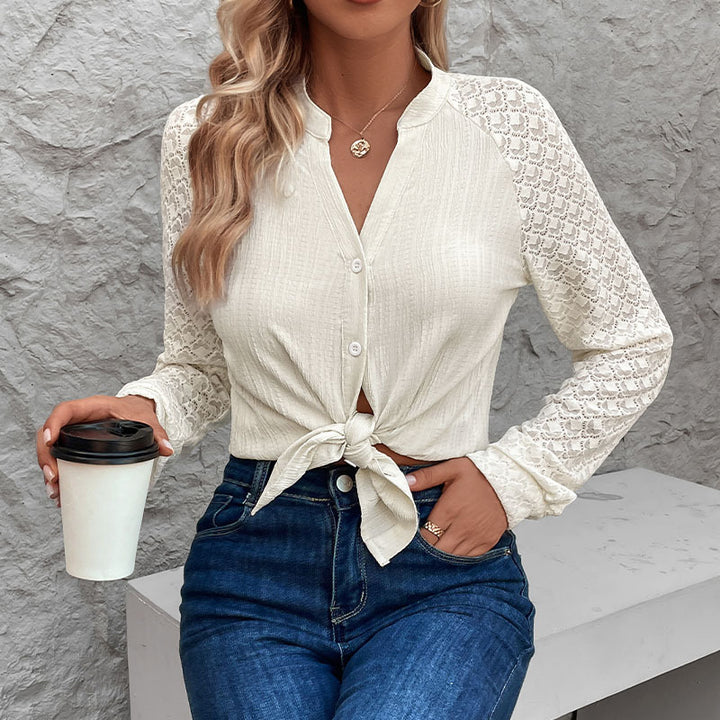 Damen Kunstlederbluse mit Spitzenärmeln und verkürztem Design Drune