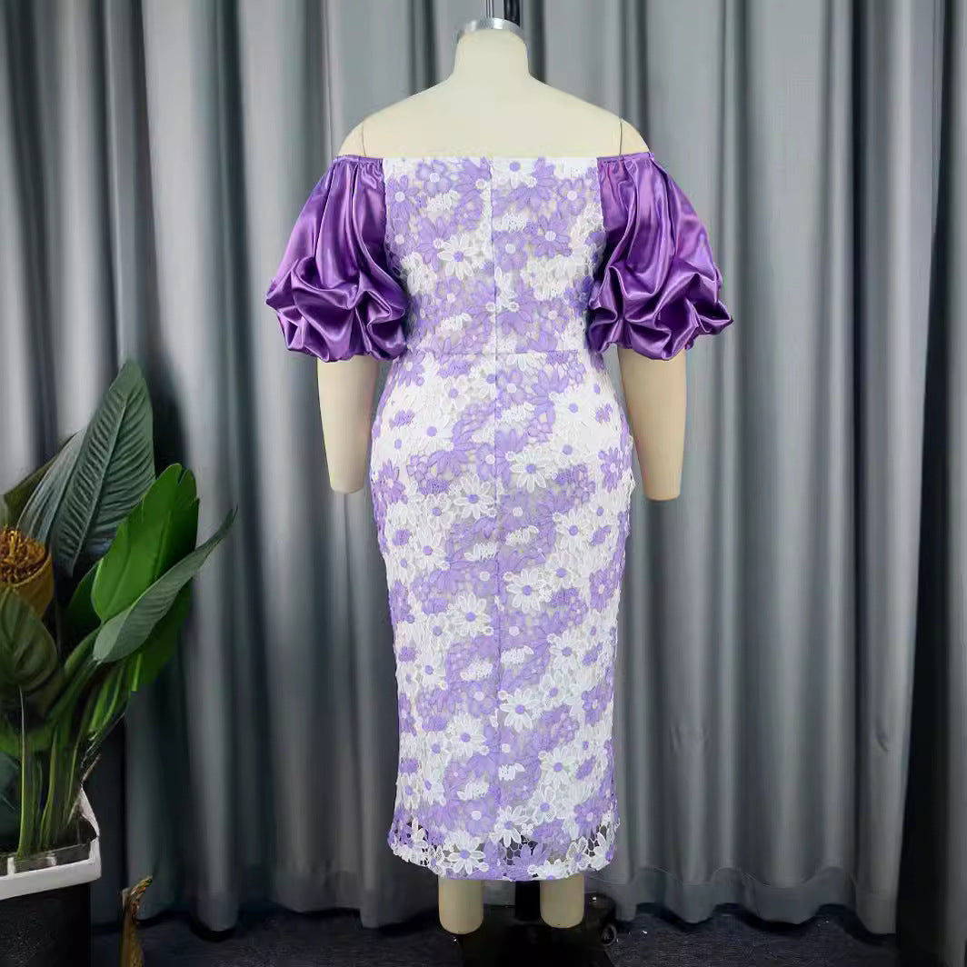 Damen Elegantes Spitzenkleid mit voluminösen Puffärmeln Drune