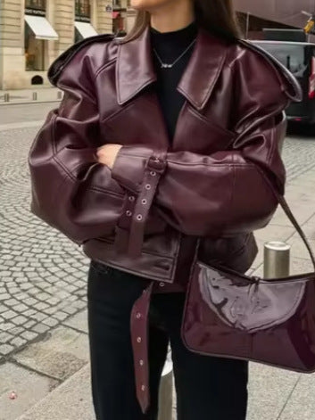 Damen Trendige Oversized-Lederjacke mit strukturierten Schulterpolstern und Taillengürtel Drune
