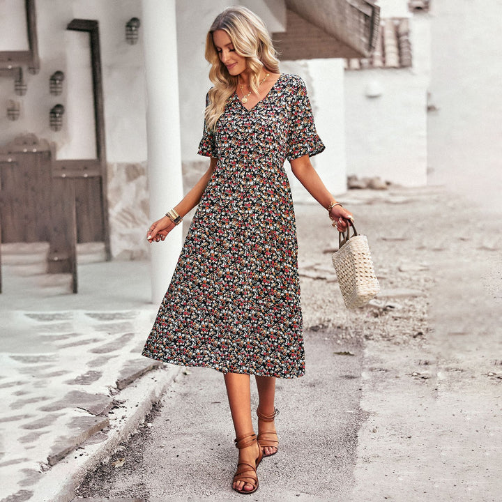Damen Midi-Kleid mit floralem Muster und verspieltem V-Ausschnitt Drune