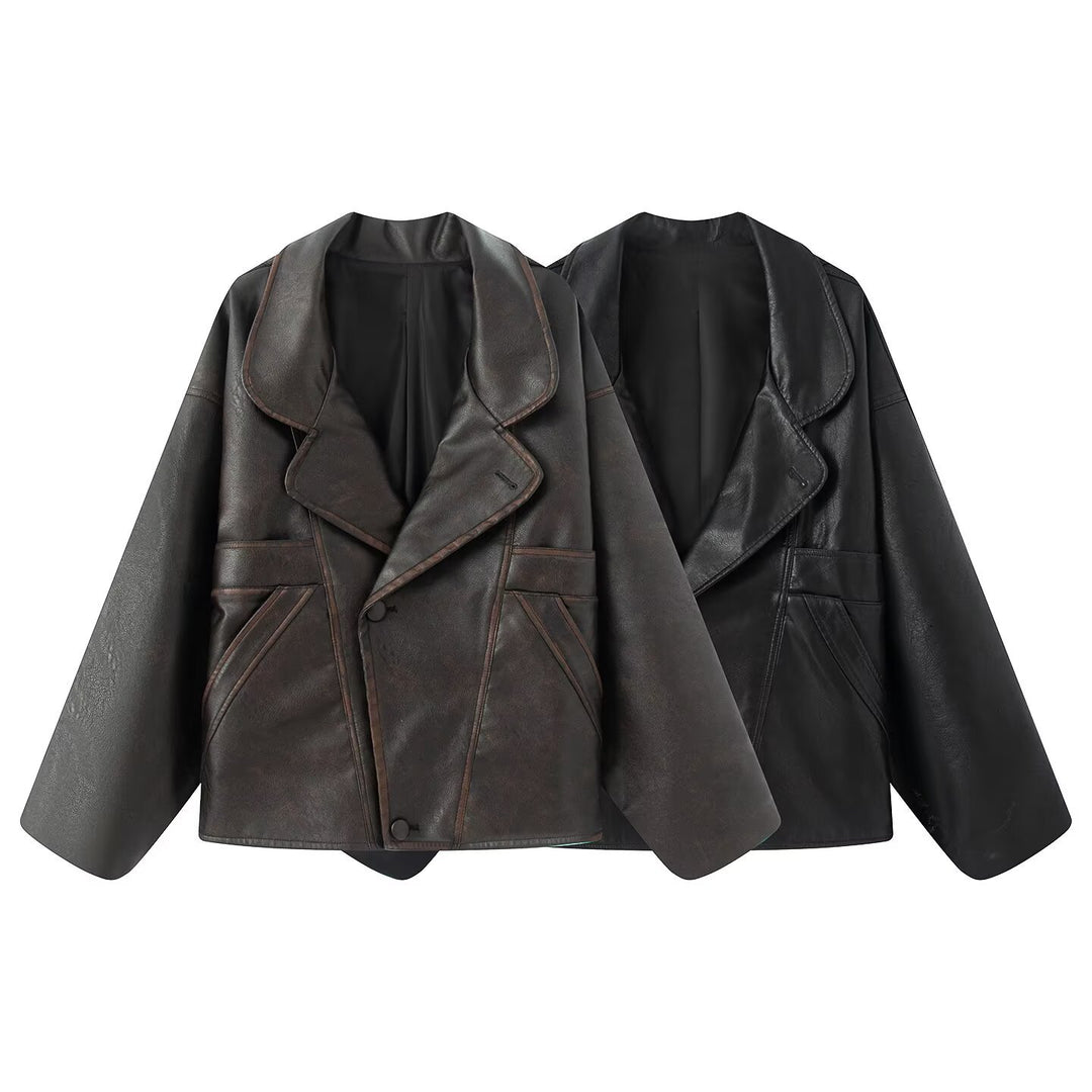 Damen elegante Kunstlederjacke mit oversized Schnitt Drune