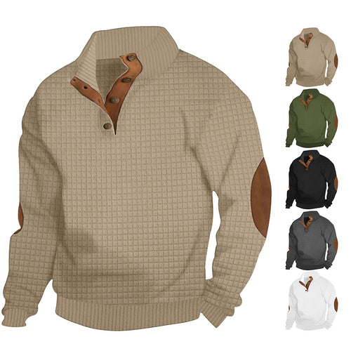 Herren nan waffelstruktur-Troyer mit Stehkragen Druckknopf-Leiste und Nappaleder-Ellenbogenpatches Drune