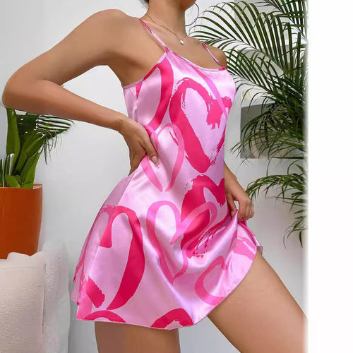 Damen Seidenkleid mit verspielt bedrucktem Herzmuster und schmalen Trägern Drune