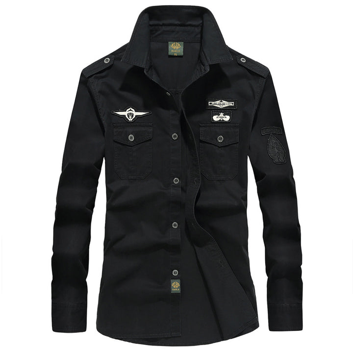 Herren nan militärisch inspiriertes Utility-Hemd aus Baumwollmix mit Epauletten, Brusttaschen und Emblem-Patches Drune