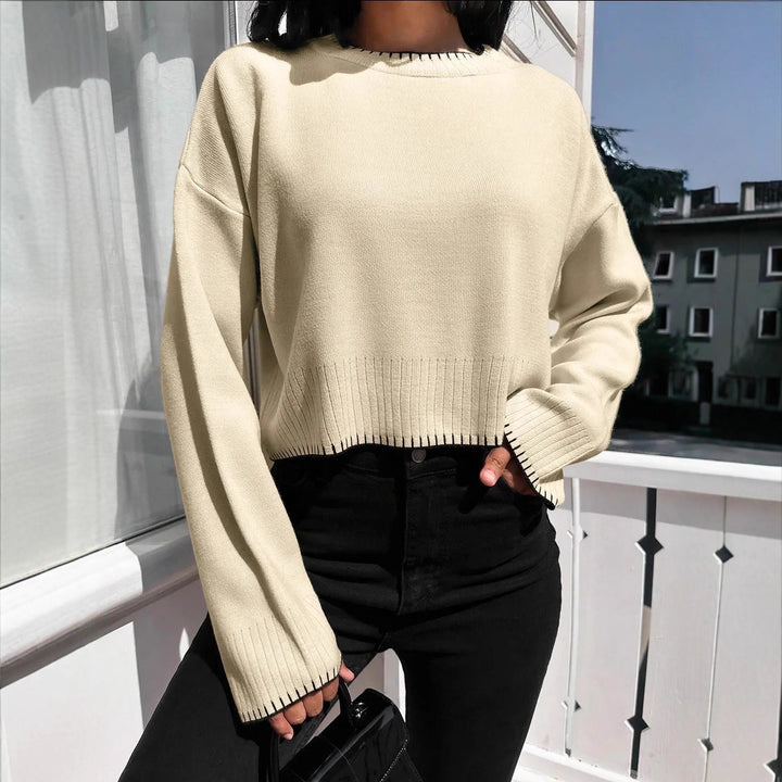 Damen lässiger Crop-Pullover mit strukturierten Säumen und Rundhalsausschnitt Drune
