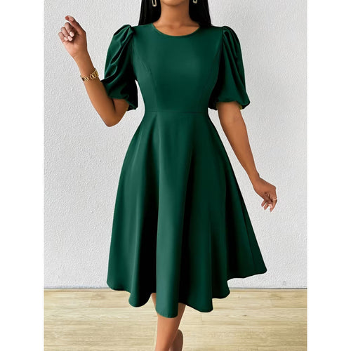 Damen Midi-Kleid mit Puffärmeln und schwingendem Saum Drune
