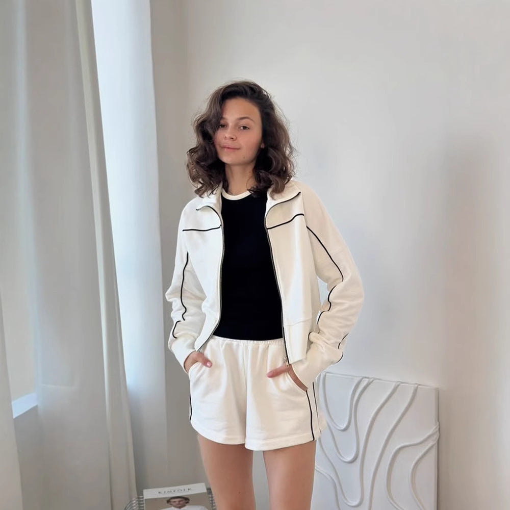 Damen nan athletischer Zweiteiler mit formendem Sportbustier, taillierter Highwaist-Sweatshorts und Zip-Hoodie Drune