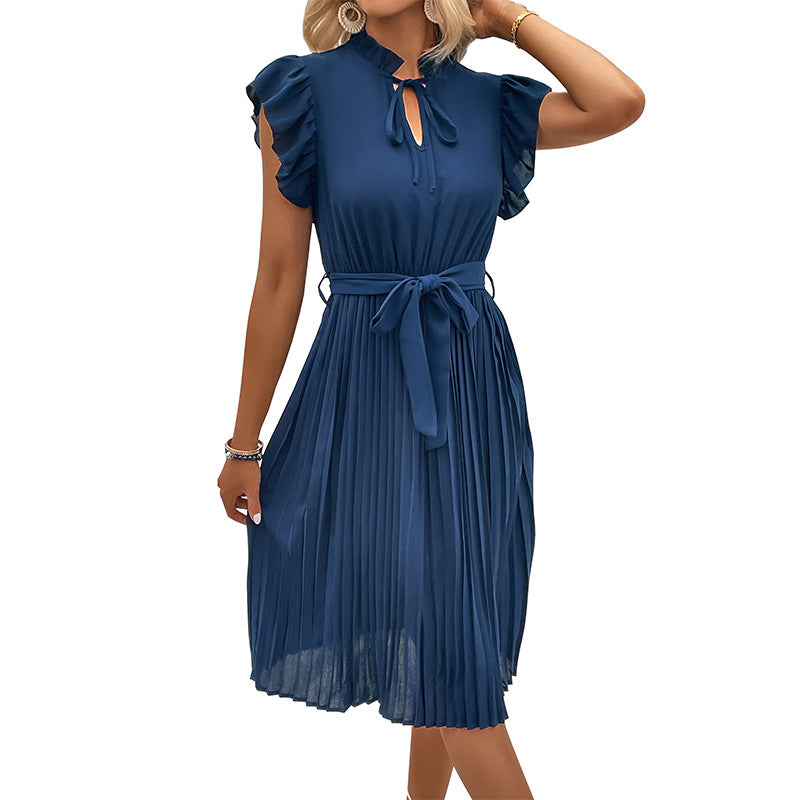 Damen lässiges Midi-Wickelkleid mit Rüschendetails und elastischem Taillengürtel Drune