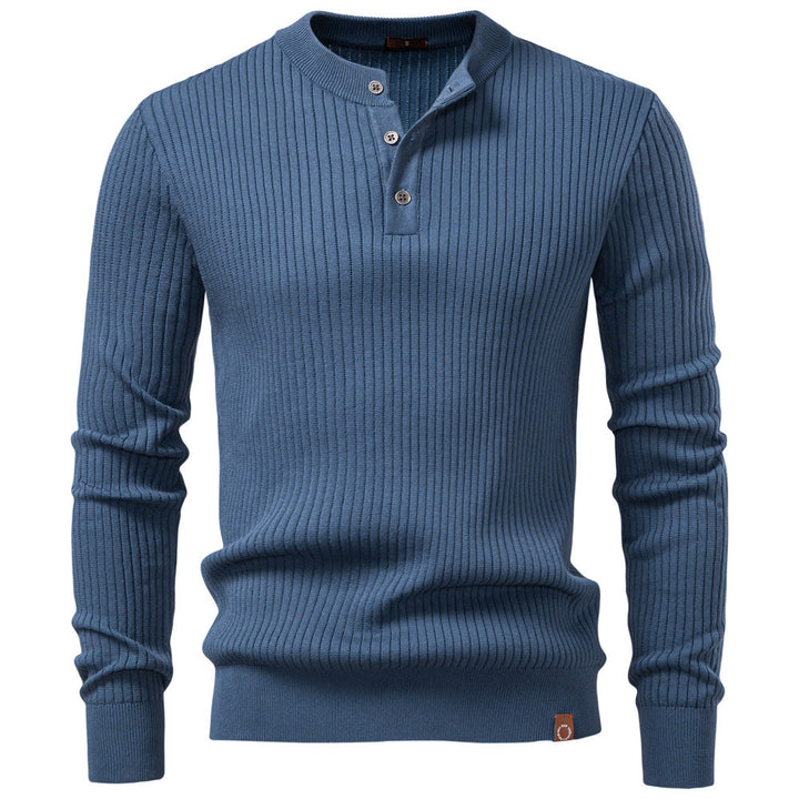 Herren nan gerippter Langarm-Henleypullover mit Stehkragen, feinem Rippstrick und schmaler Passform Drune