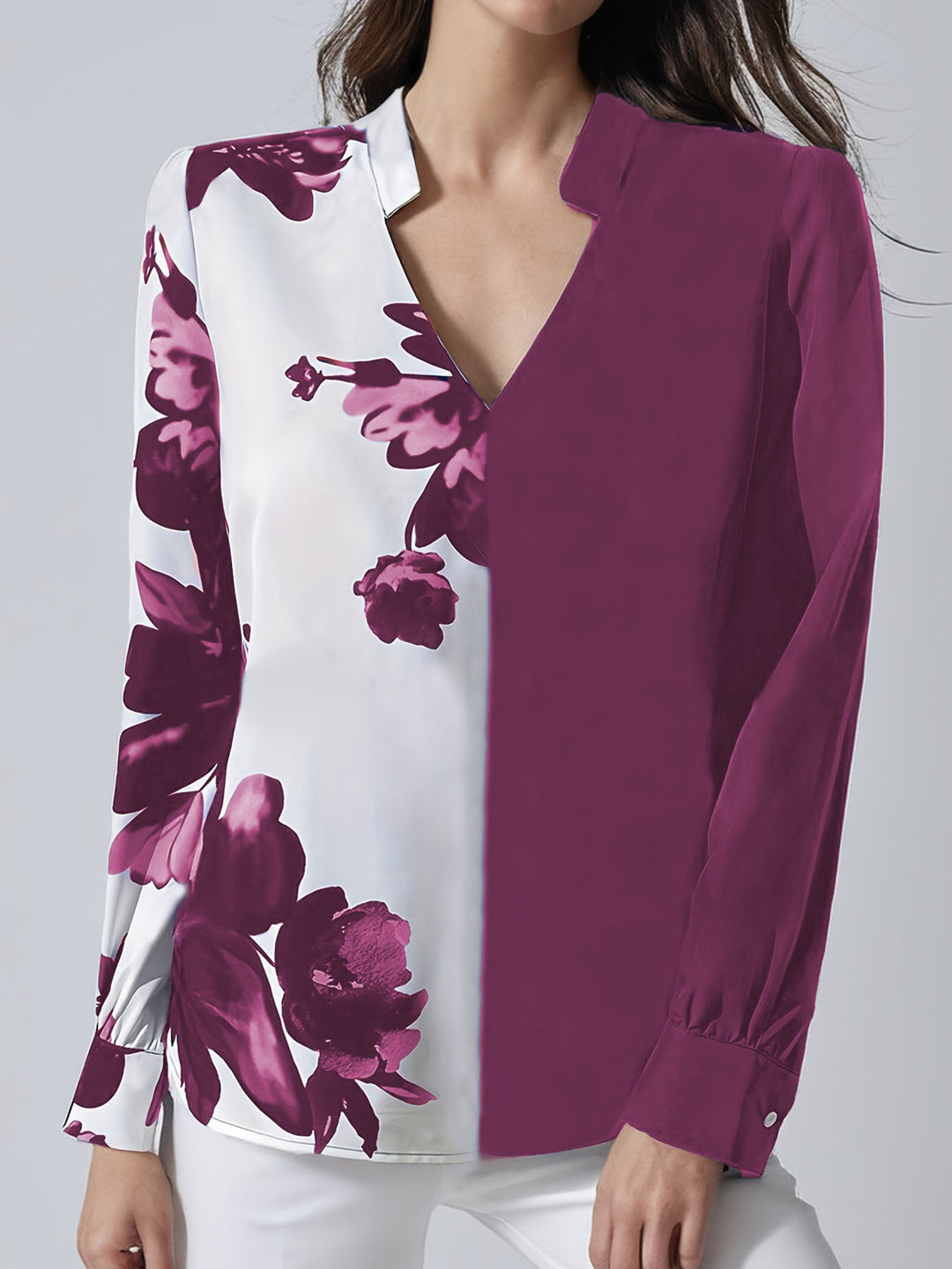 Damen Bluse mit einzigartigem floralen Muster und elegantem V-Ausschnitt Drune