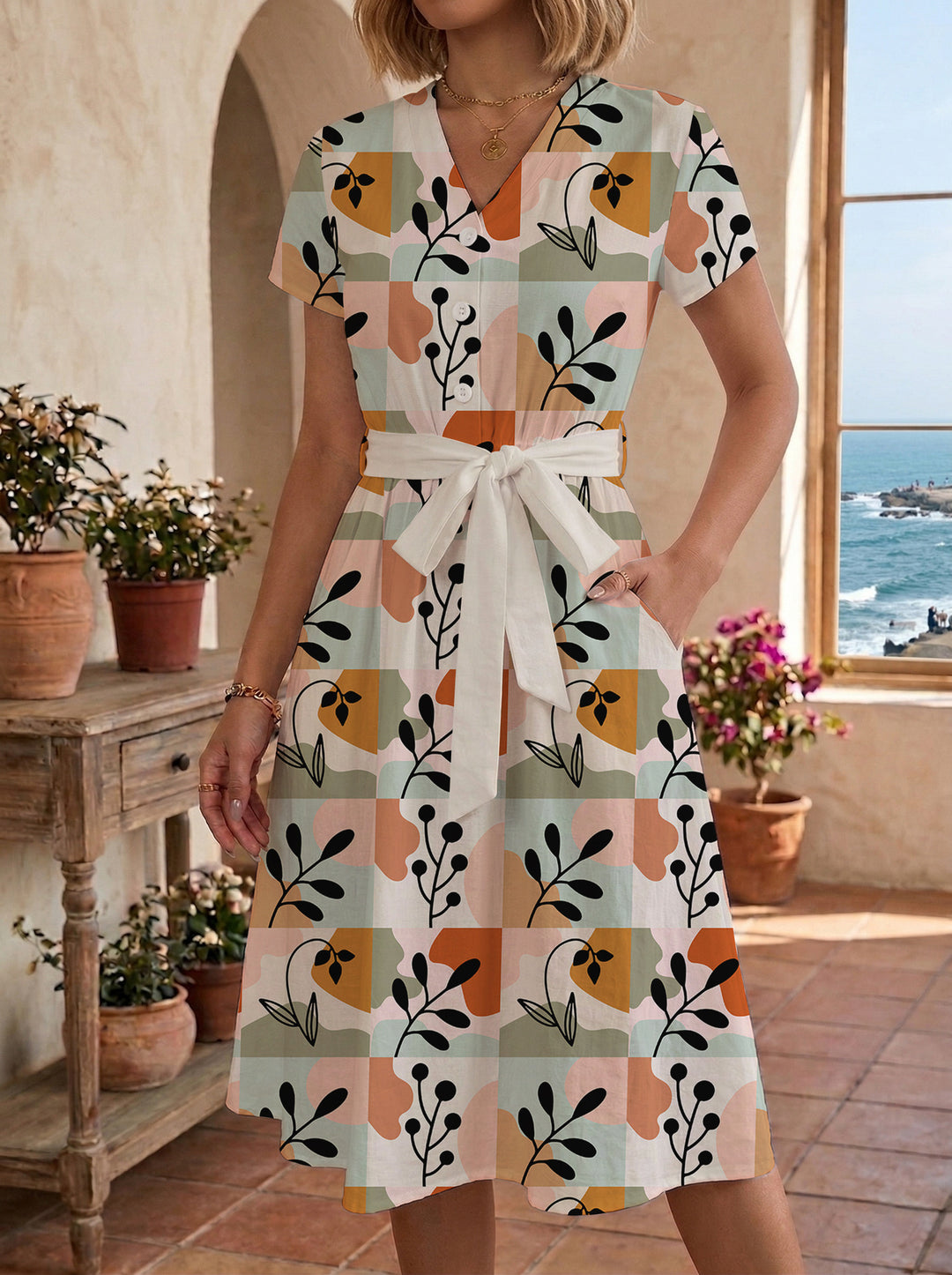 Damen Midikleid mit farbenfrohem Blumendesign und taillierbarem Bindegürtel Drune