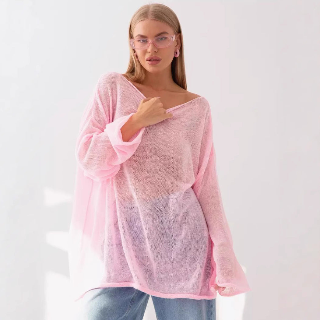 Damen luftiger Oversize-Strickpullover mit weitem Schnitt und transparentem Gewebe Drune