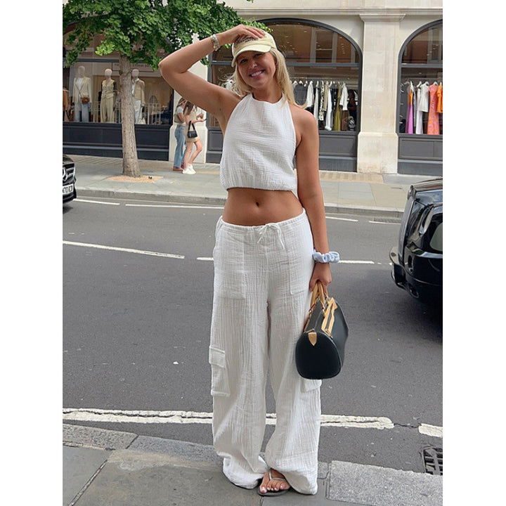 Damen lässiges Set aus Crop-Top und weit geschnittenen Hosen Drune