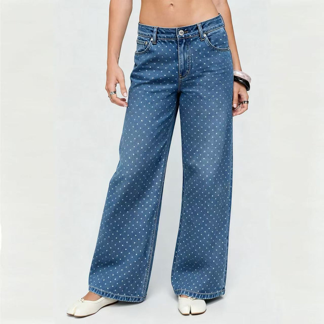 Damen nan hochgeschnittene weite Denimhose mit durchgehendem Punktmuster und klassischem Taschen-Design Drune