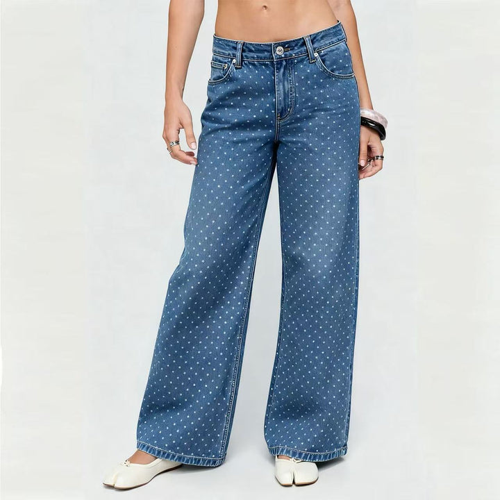 Damen nan hochgeschnittene weite Denimhose mit durchgehendem Punktmuster und klassischem Taschen-Design Drune
