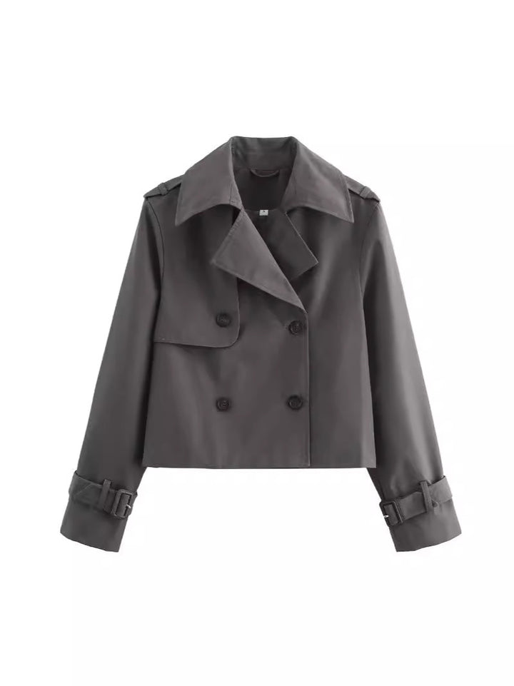 Damen cropped Trenchcoat mit doppelter Knopfleiste und verstellbaren Ärmeln Drune