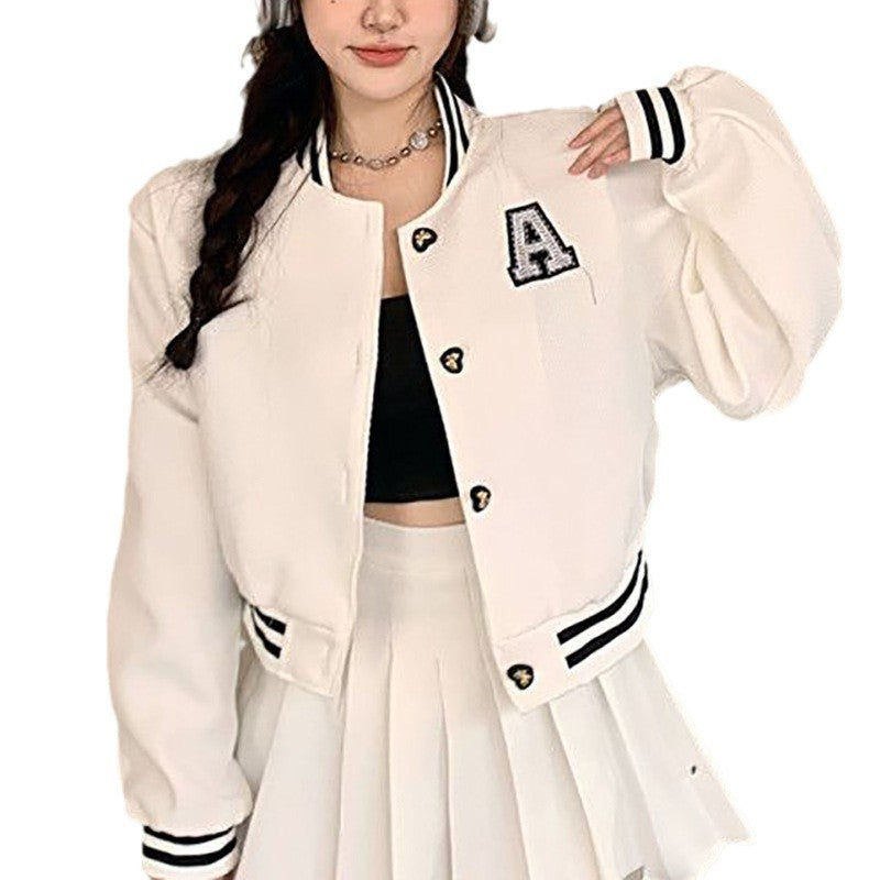 Damen Collegejacke mit gesticktem Emblem und kontrastierenden Aufnähern Drune