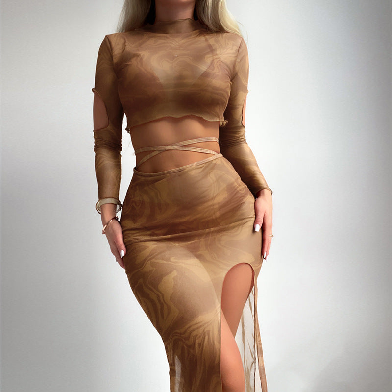 Damen Elegantes und transparentes Zweiteiler-Outfit mit hoch geschnittenem Rock Drune