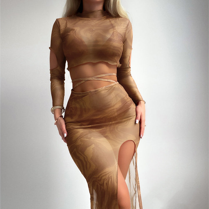 Damen Elegantes und transparentes Zweiteiler-Outfit mit hoch geschnittenem Rock Drune