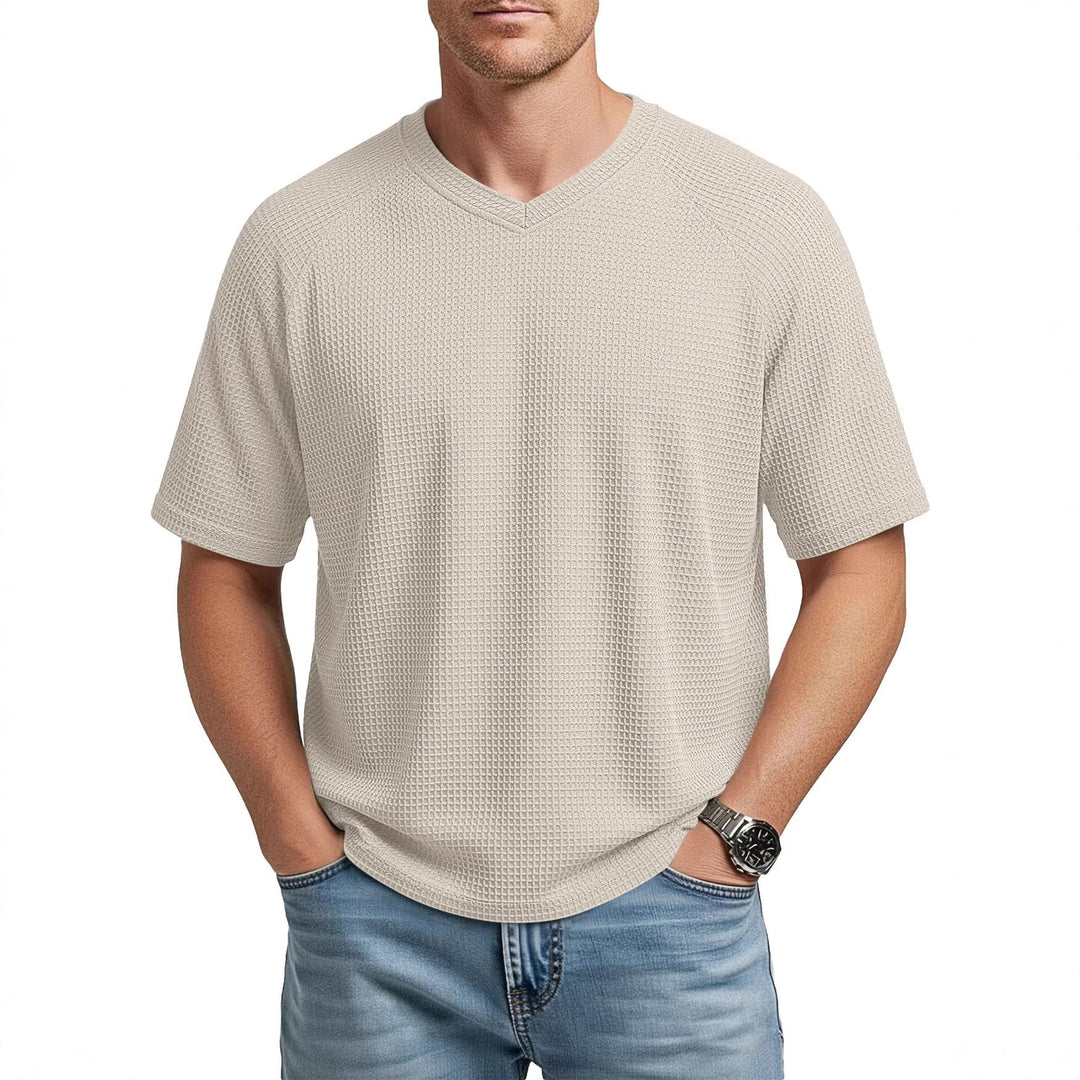 Herren nan lässiges V-Ausschnitt Waffelstrick-T-Shirt aus atmungsaktivem Baumwollmix Drune