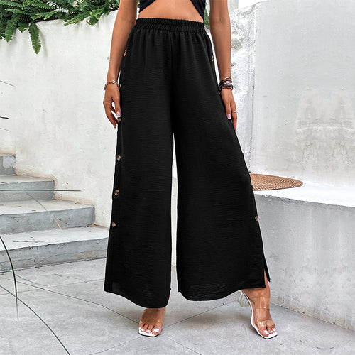 Damen weite Sommerhose mit seitlichen Schlitzen und dekorativen Knöpfen Drune
