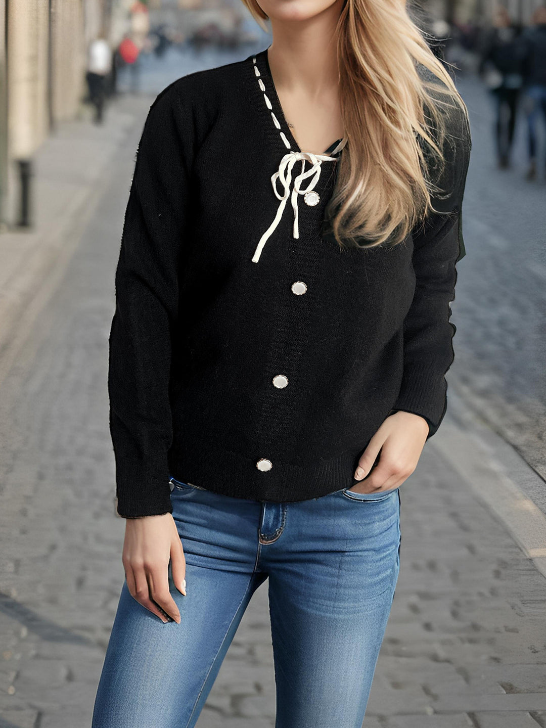 Damen modischer Strickpullover mit verspieltem Bindeband und dekorativen Knöpfen Drune