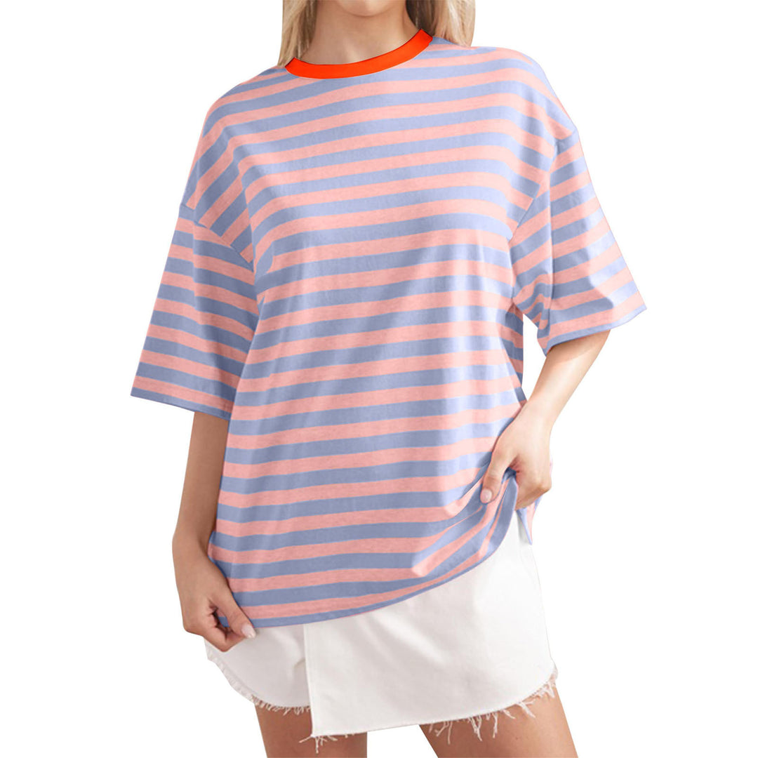 Damen Oversized gestreiftes T-Shirt mit Rundhalsausschnitt und kurzen Ärmeln Drune