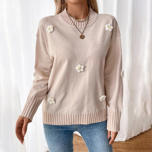 Damen lässiger Pullover mit floralem Applikationsdesign und strukturiertem Saum Drune