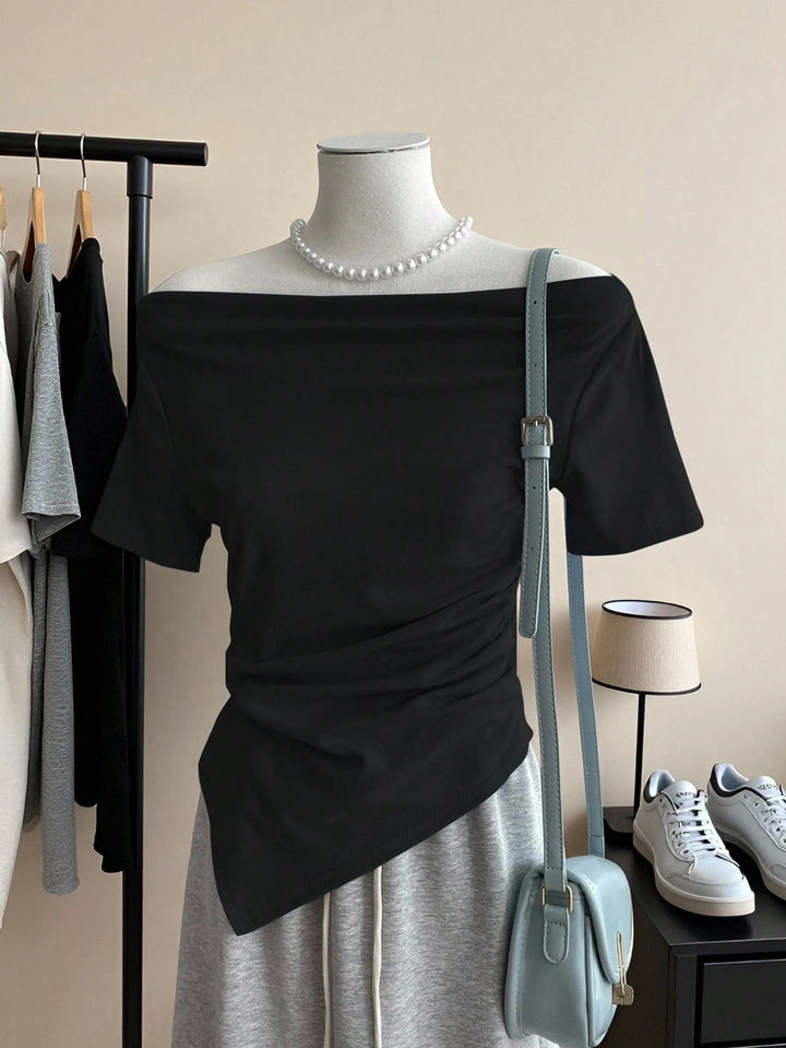 Damen Off-Shoulder T-Shirt mit Raffung Drune