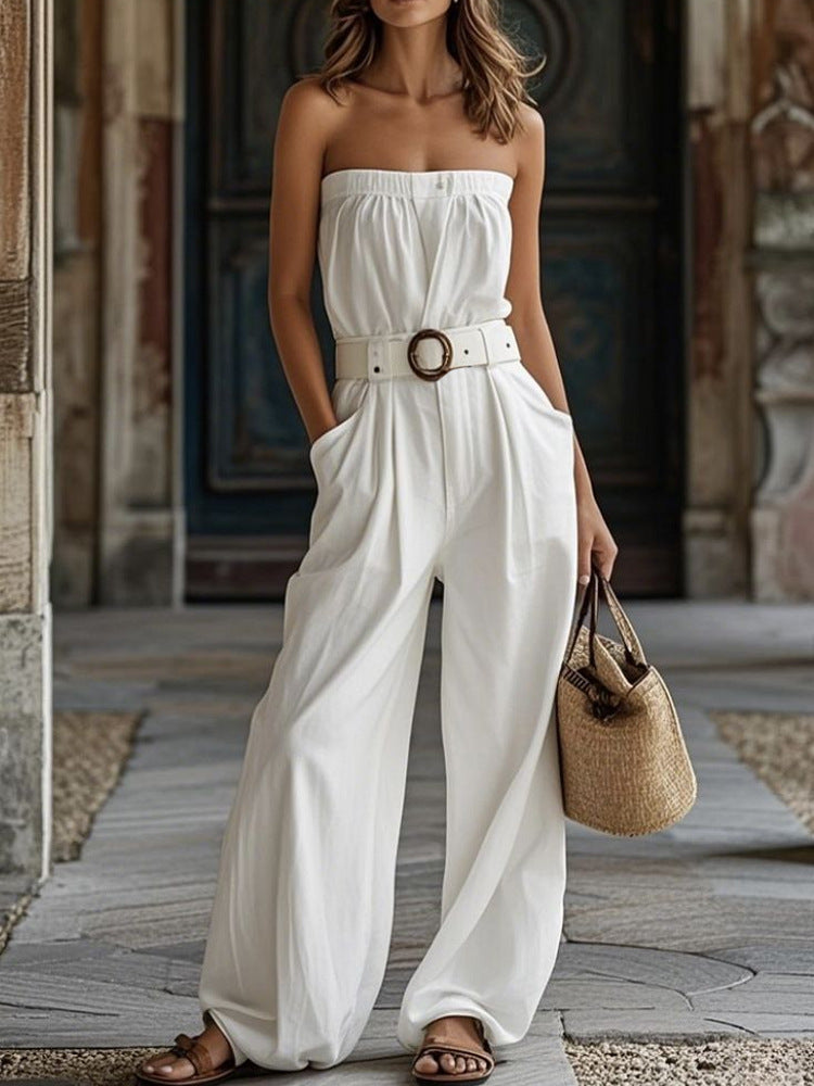 Damen Lässiger Jumpsuit mit Gürtel und weitem Bein Drune