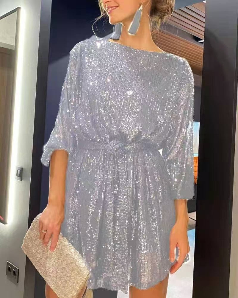 Damen Glitzerndes Minikleid mit langen Ärmeln und schimmerndem Oberstoff Drune