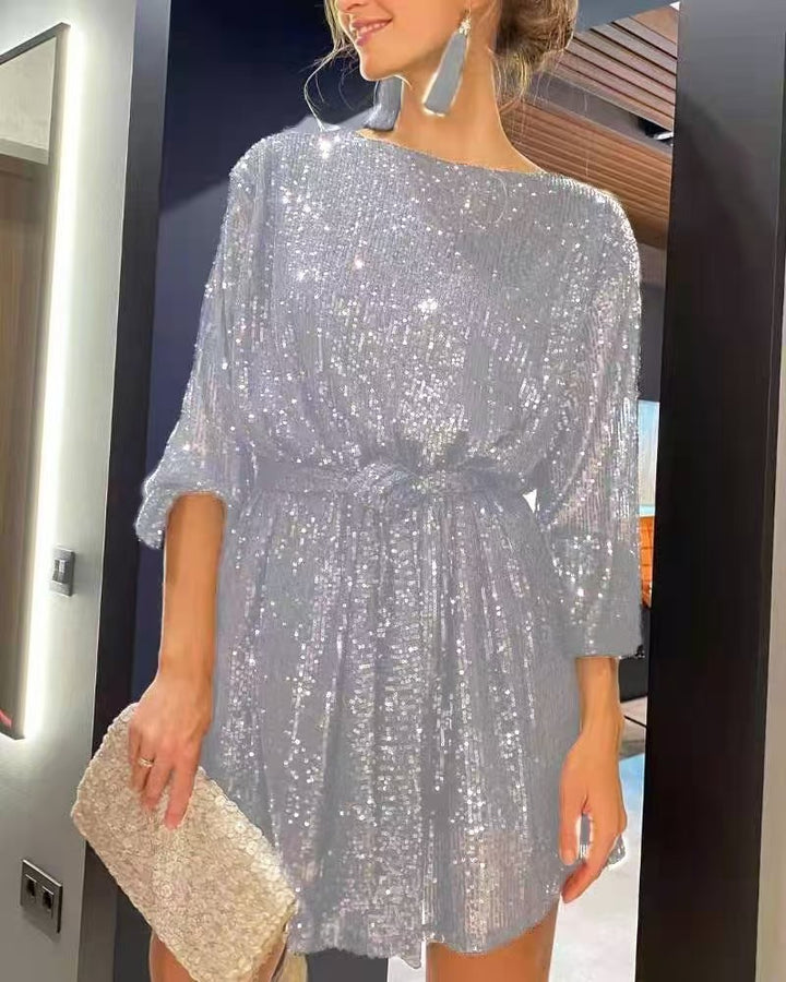 Damen Glitzerndes Minikleid mit langen Ärmeln und schimmerndem Oberstoff Drune
