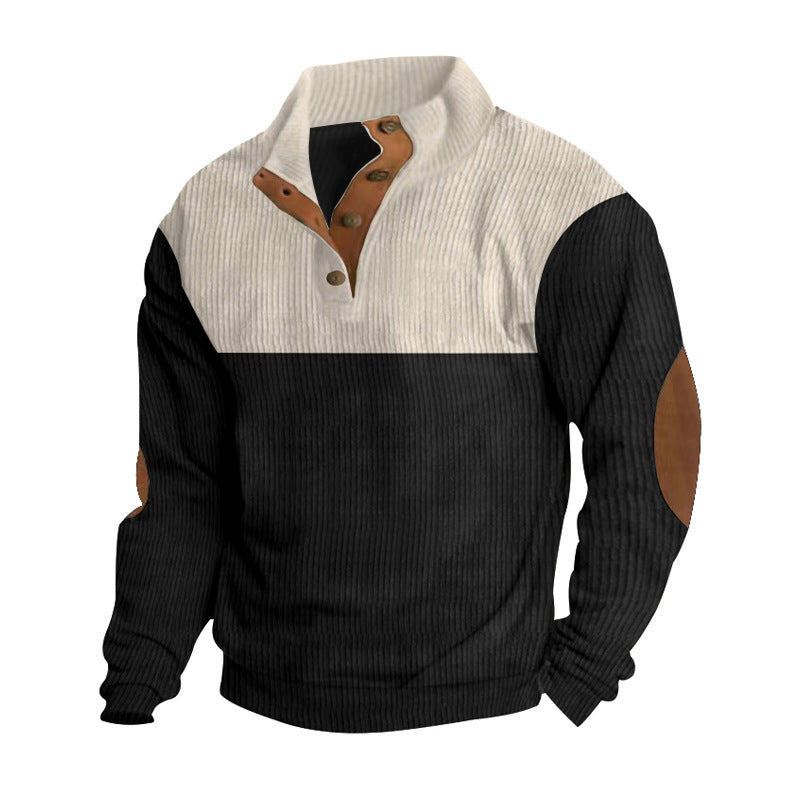 Herren nan Rippenstrickpullover mit Stehkragen Knopfleiste und Leder-Ellbogenpatches Drune