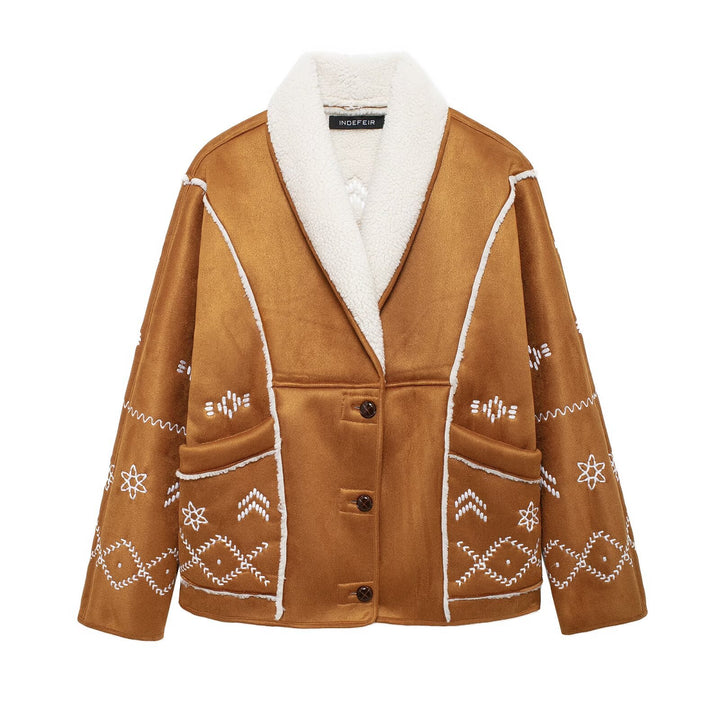 Damen modische Jacke mit gestickt und eleganter Teddykragen Drune