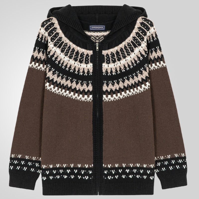 Herren Strickjacke mit traditionellem Norweger-Muster und Kapuze Drune
