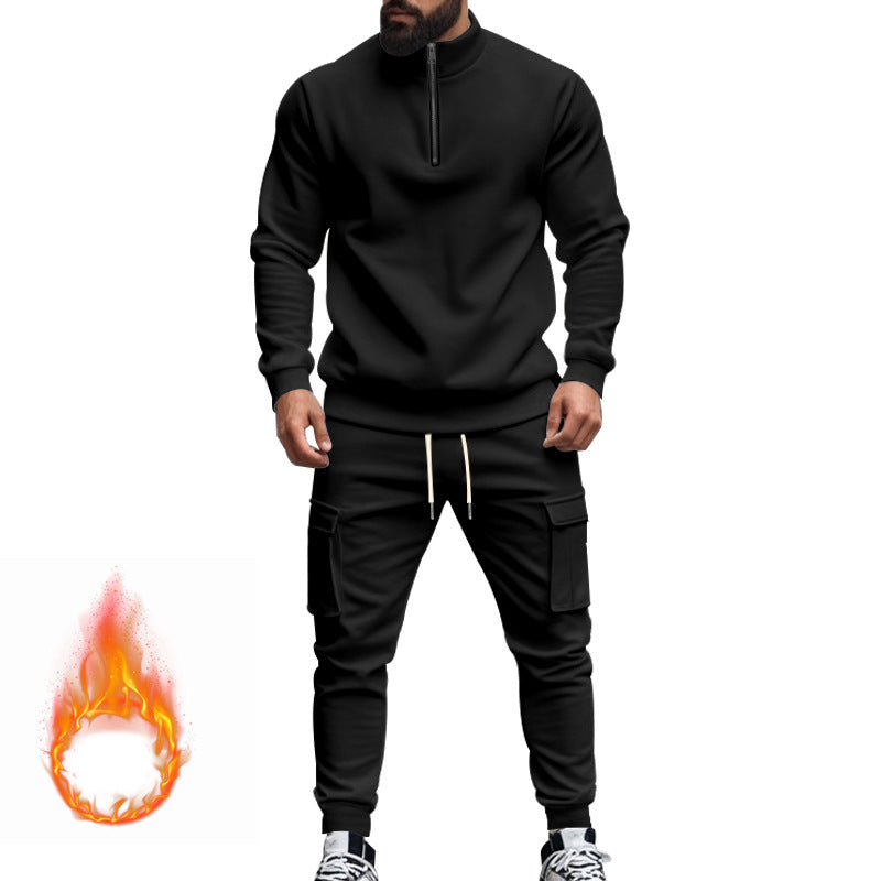 Herren nan sportives Cargo-Joggingset mit Halbzip-Stehkragen, wärmendem Fleece-Innenfutter und großzügigen Klapptaschen Drune