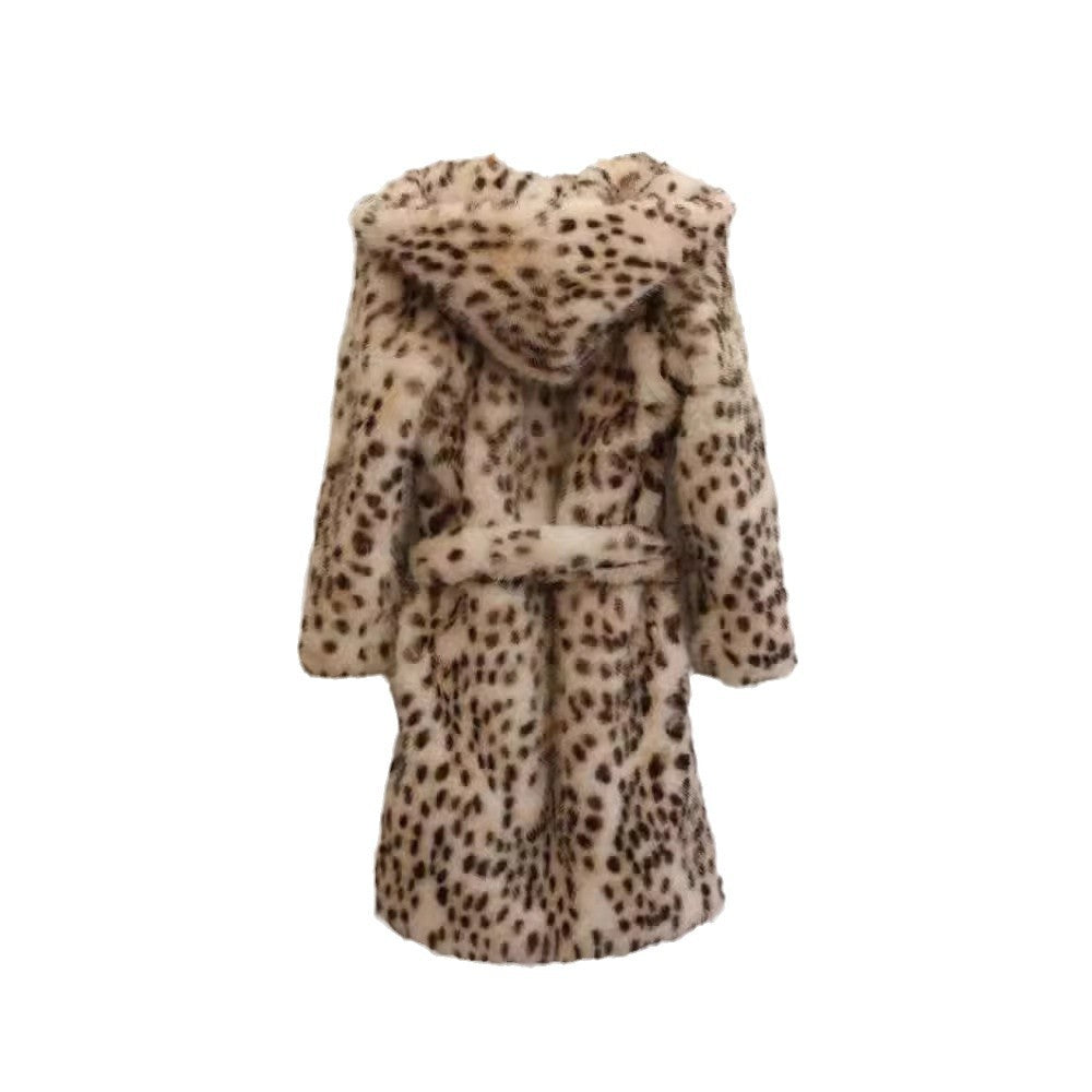 Damen Fleece Bademantel mit Kapuze und Leopardenmuster Drune