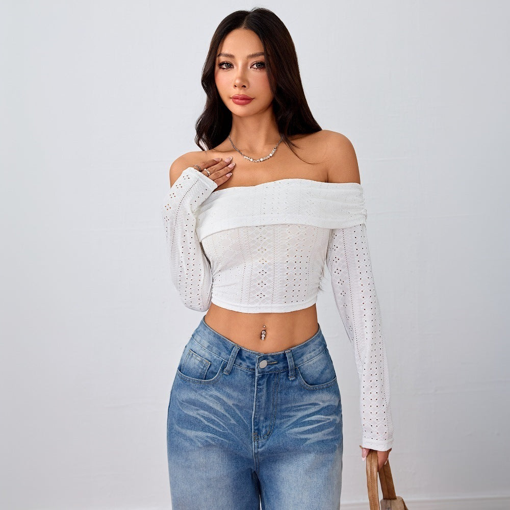 Damen Off-Shoulder Crop-Top mit langen Puffärmeln und eleganter Lochstruktur Drune