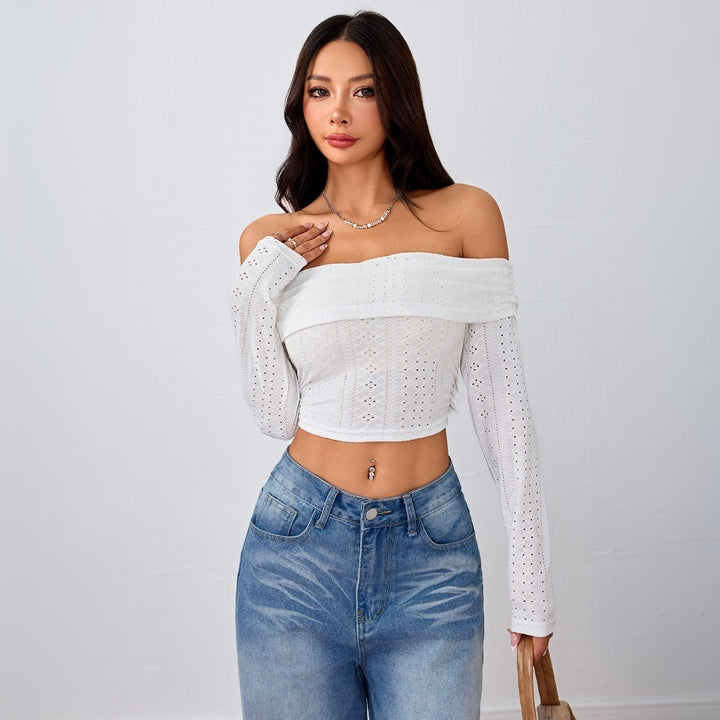 Damen Off-Shoulder Crop-Top mit langen Puffärmeln und eleganter Lochstruktur Drune