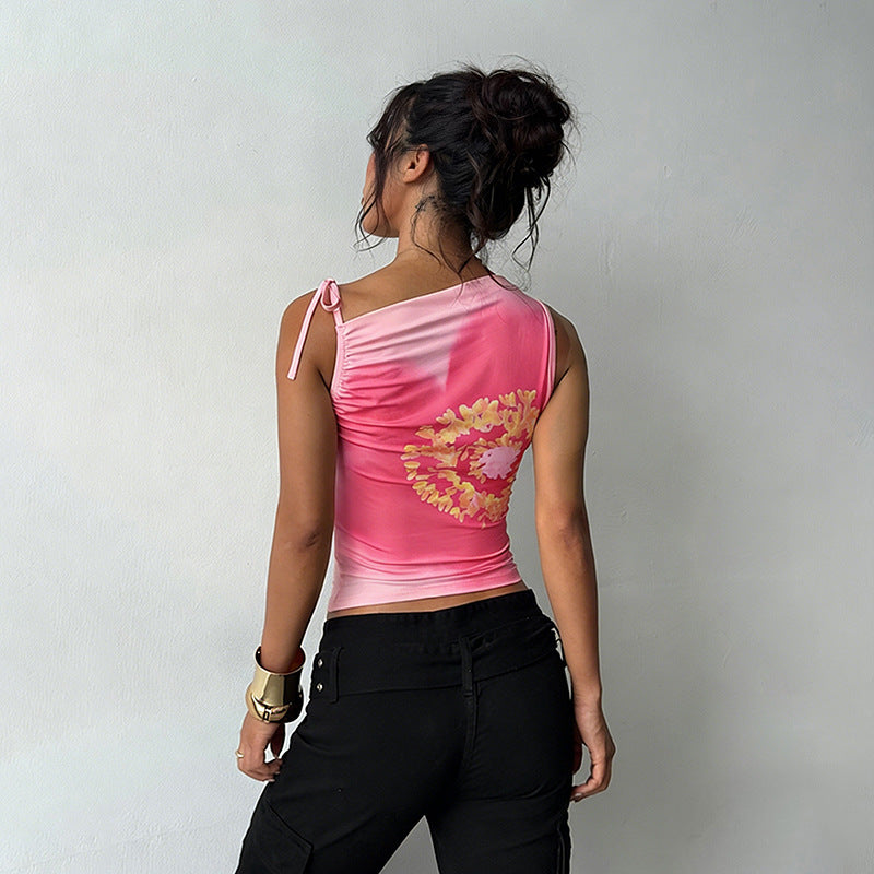 Damen figurbetontes Tanktop mit floralem Muster und feinen Rüschendetails Drune