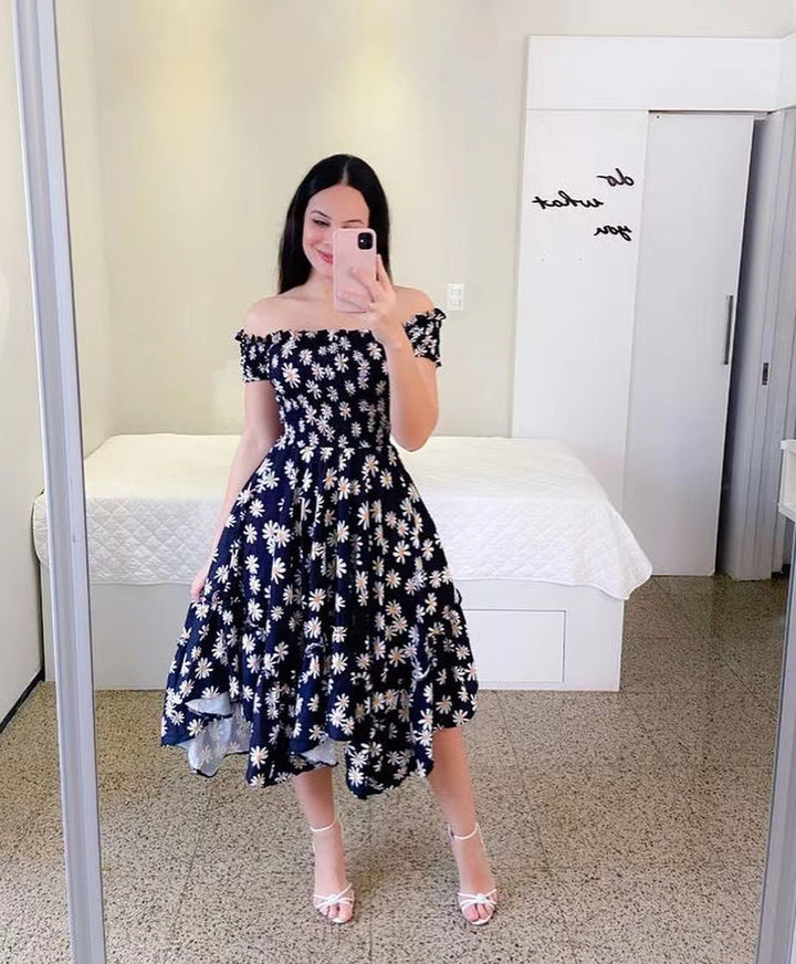 Damen Sommerliches Off-Shoulder Kleid mit farbenfrohem Schmetterlingsmuster und geschmeidigem Faltenwurf Drune
